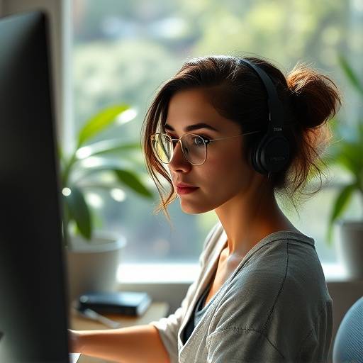 Foto de Isabela Santos, designer gráfica sênior do Estüdio Sol Nascente, trabalhando em um projeto no computador.