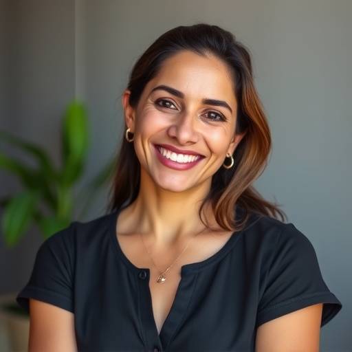 Foto de Mariana Flores, co-fundadora e diretora criativa do Estüdio Sol Nascente, sorrindo.