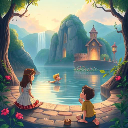 Ilustraäões para o livro infantil 'A Lenda da Lagoa da Conceiäão', com personagens cativantes e cenários mágicos.